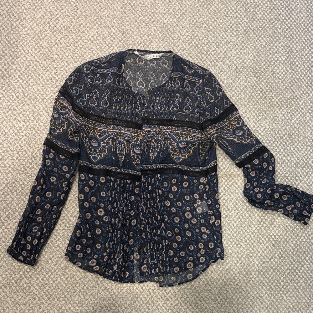 Silk Veronica Beard Mixed Paisley & Medallion Long Sleeve Blouse with Lace